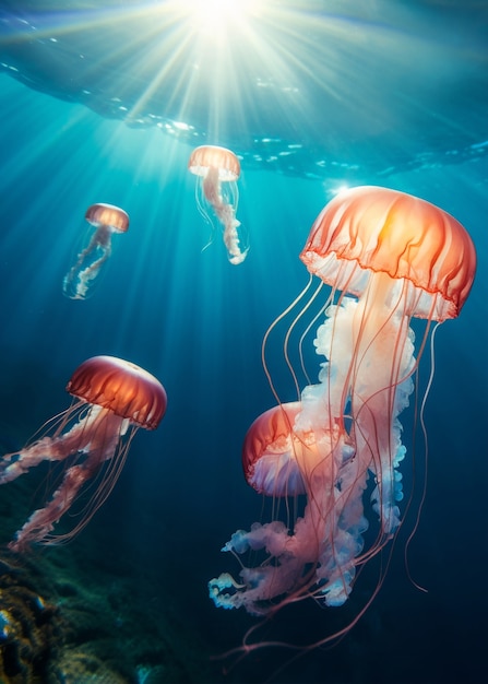 Bezpłatne zdjęcie widok majestatycznego roju meduz w oceanie