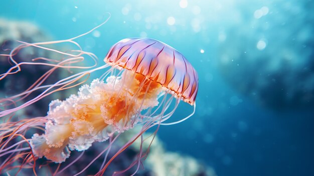 Widok meduzy pływającej w wodzie z miejsca na kopię