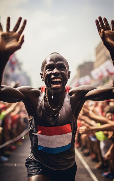 Widok męskiego biegacza maratonu świętującego zwycięstwo