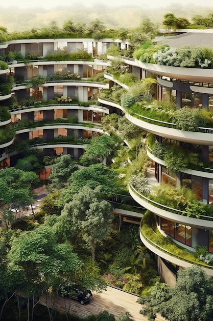 Bezpłatne zdjęcie widok miasto z budynkami mieszkalnymi i zieloną roślinnością