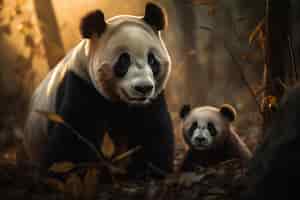 Bezpłatne zdjęcie widok misia pandy z małym lisiątkiem w przyrodzie