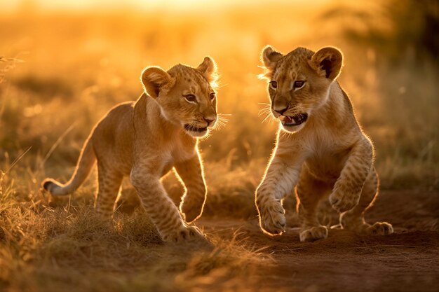 Widok młodych dzikich lwów w przyrodzie