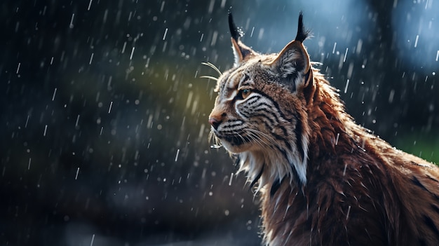 Bezpłatne zdjęcie widok na dzikiego ryś rudy w deszczu