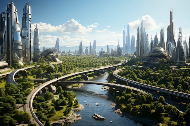 Widok na futurystyczne miasto miejskie