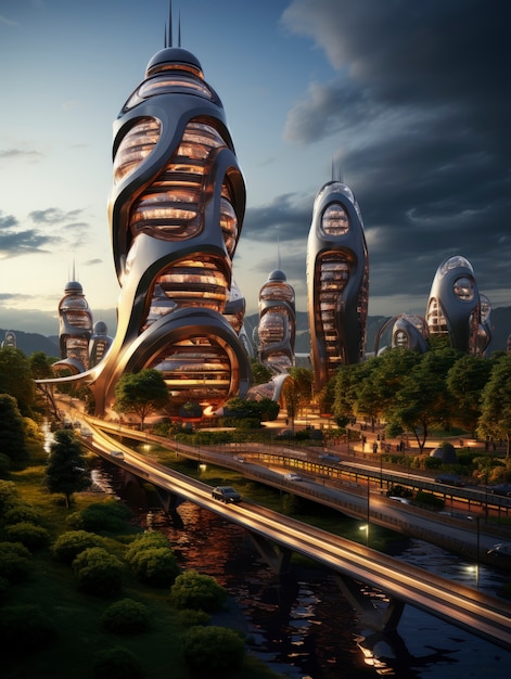 Widok na futurystyczne miasto miejskie