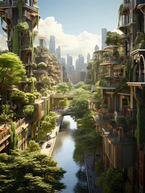 Widok na futurystyczne miasto z dużą ilością roślinności i zieleni