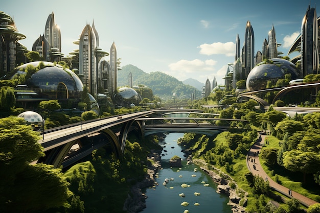 Widok na futurystyczne miasto z dużą ilością roślinności i zieleni