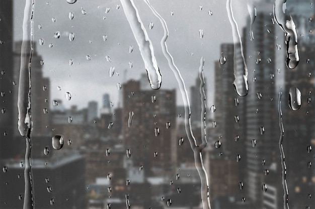 Widok na miasto przez okno z kroplami deszczu