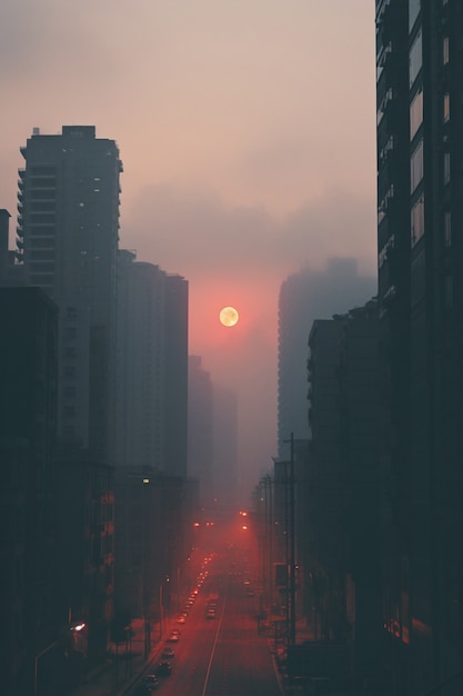 Bezpłatne zdjęcie widok na miejskie ciemne miasto z mgłą