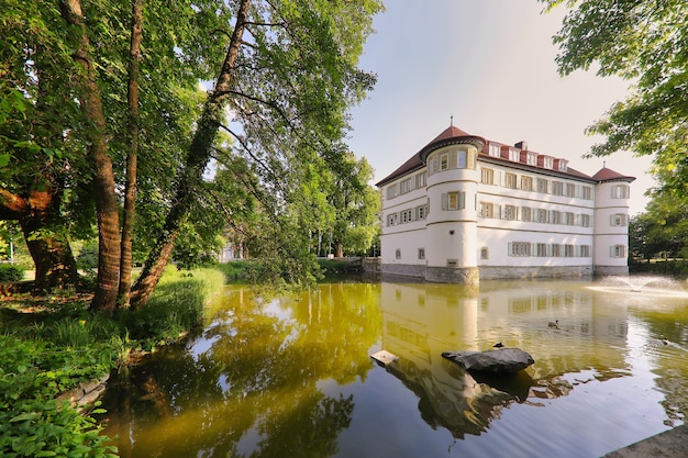 Widok na otoczony drzewami zamek na wodzie w Bad Rappenau w Niemczech