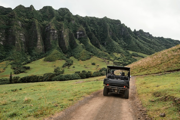 Widok na panoramę samochodu jeep na hawajach