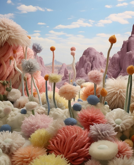 Widok na piękny mistyczny krajobraz 3D z abstrakcyjnymi kwiatami
