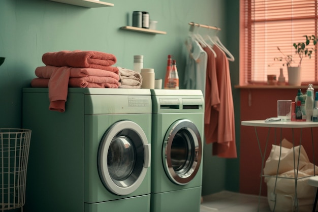 Bezpłatne zdjęcie widok na pralnię z pralką i kolorami retro