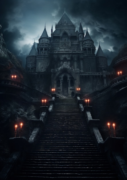 Widok na zamek nocą z przerażającą atmosferą