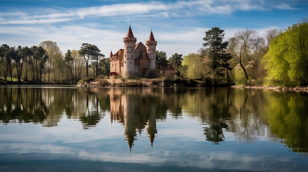 Bezpłatne zdjęcie widok na zamek z krajobrazem przyrodniczym