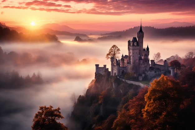 Widok na zamek z mgłą i krajobrazem przyrody