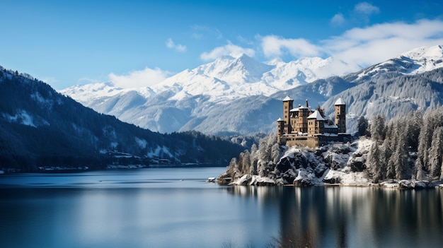 Bezpłatne zdjęcie widok na zamek z zimowym krajobrazem przyrody