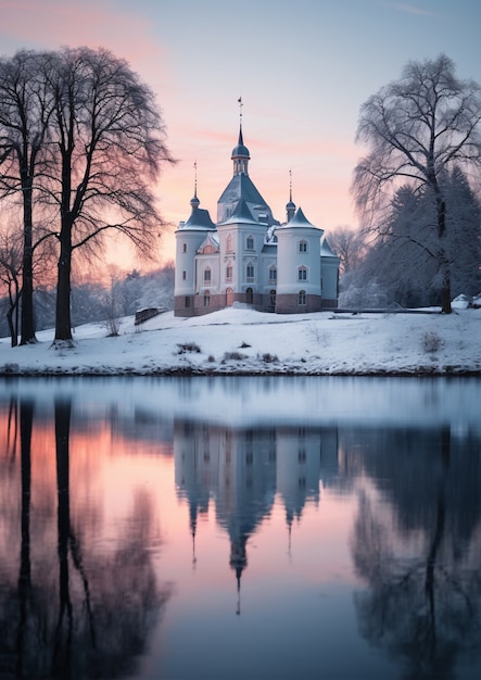Widok na zamek z zimowym krajobrazem przyrody