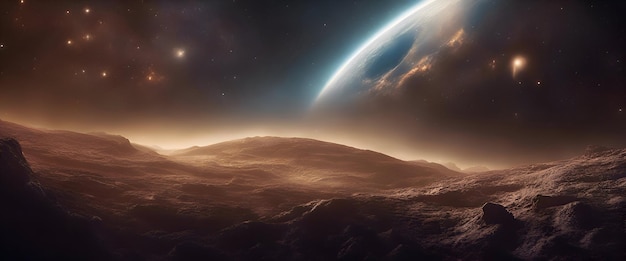 Widok obcej planety z kosmosu podczas wschodu słońca w 3D