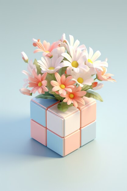 Bezpłatne zdjęcie widok pięknego kwiatu 3d na podniesionym kwadratowym łóżku