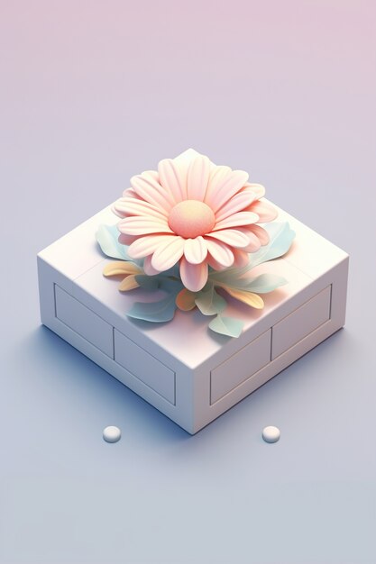 Widok pięknego kwiatu 3D na podniesionym kwadratowym łóżku