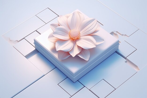 Widok pięknego kwiatu 3D na podniesionym kwadratowym łóżku
