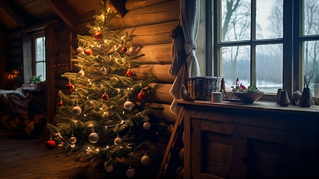 Widok pięknie udekorowanej choinki w kabinie