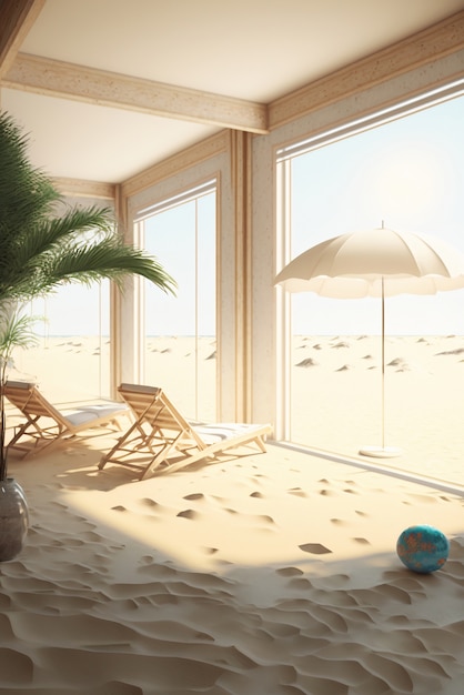 Widok pokoju w domu z plażowym piaskiem i słoneczną pogodą
