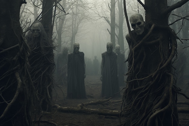 Bezpłatne zdjęcie widok przerażających istot w mglistym lesie