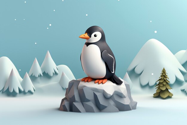 Widok ptaka pingwina 3d z krajobrazem przyrody