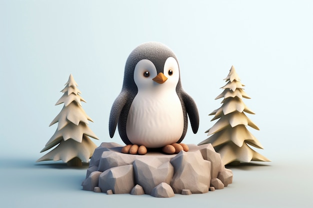 Bezpłatne zdjęcie widok ptaka pingwina 3d z krajobrazem przyrody
