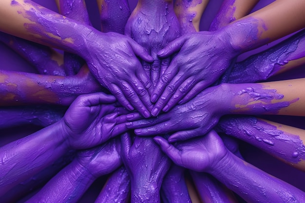 Widok rąk z fioletową farbą na świętowanie Dnia Kobiet