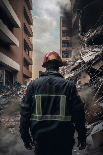 Widok ratownika strażaka wśród dotkniętych budynków po trzęsieniu ziemi