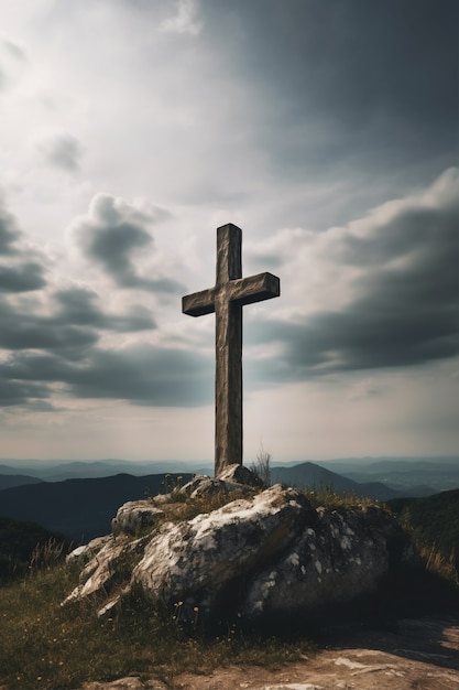Widok religijnego krzyża na szczycie góry z niebem i chmurami