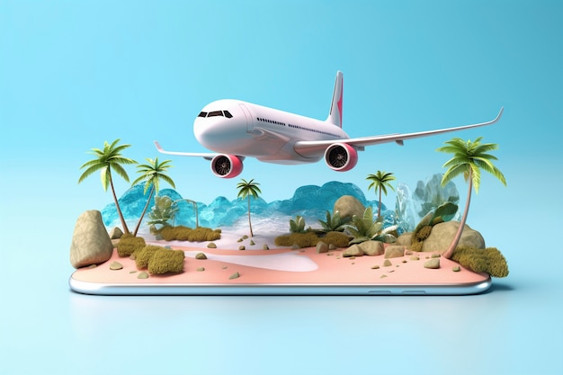 Widok samolotu 3D z krajobrazem miejsca docelowego