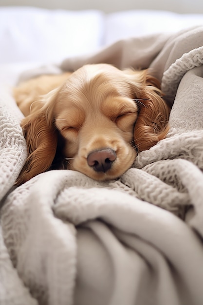 Bezpłatne zdjęcie widok słodkiego psa śpiącego spokojnie w domu