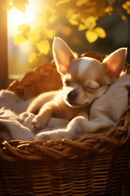 Widok słodkiego psa śpiącego w koszu