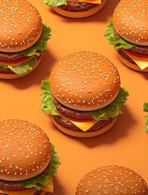 Widok starannie ułożonych burgerów 3D