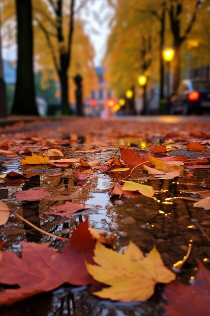 Widok suchych jesiennych liści spadających na chodnik uliczny