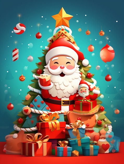 Widok Świętego Mikołaja z drzewem i prezentami