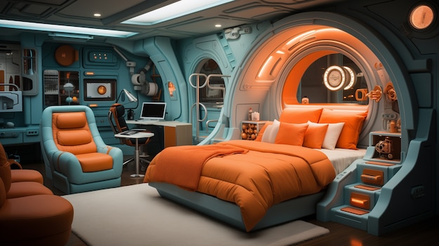 Bezpłatne zdjęcie widok sypialni z futurystycznym wystrojem i stylem
