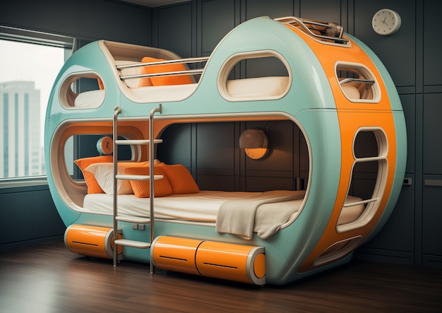 Widok sypialni z futurystycznym wystrojem i stylem