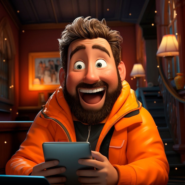 Bezpłatne zdjęcie widok szczęśliwego człowieka 3d za pomocą tabletu