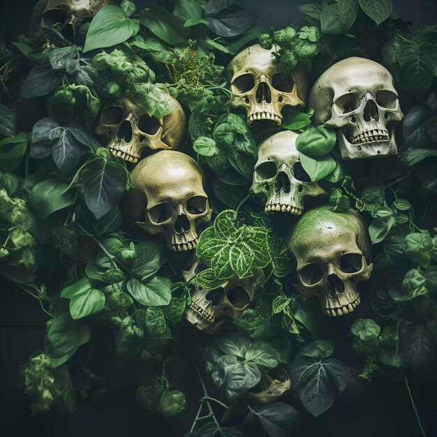 Widok szkieletowych czaszek z roślinnością