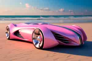 Bezpłatne zdjęcie widok trójwymiarowego samochodu z krajobrazem plaży