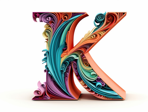 Widok trójwymiarowej litery k z kolorowymi rzeźbami na papierze