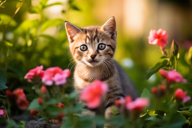 Widok uroczego kociaka z kwiatami