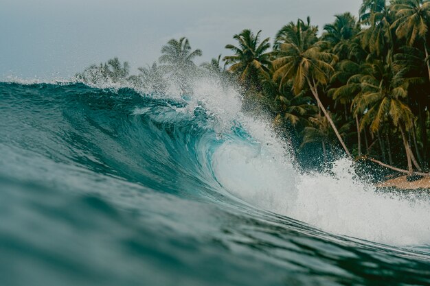 Widok wnętrza ogromnej załamującej się fali morza na wyspach Mentawai w Indonezji