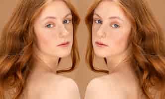 Bezpłatne zdjęcie widok z boku kobieta przed i po plastyce nosa