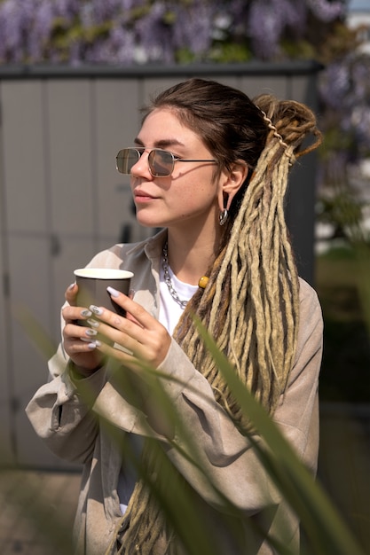 Bezpłatne zdjęcie widok z boku kobieta trzyma filiżankę kawy